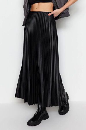 Moda Regular Düz Desen Günlük Maxi Boy Piliseli Maxi Esnek Örme Etek