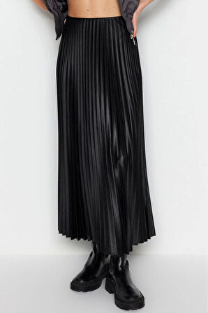 Moda Regular Düz Desen Günlük Maxi Boy Piliseli Maxi Esnek Örme Etek