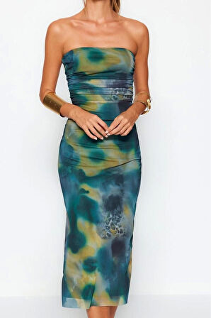 Moda Stil Slim Straplez Midi Boy Vücuda Oturan Örme Tül Şık Abiye Elbise