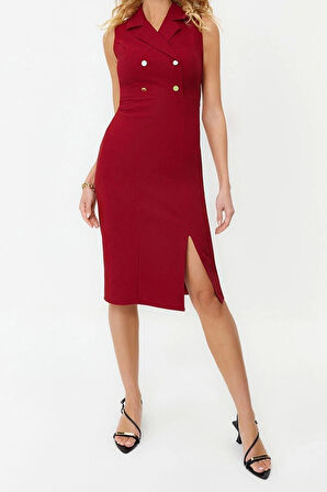 Moda Regular Gündüz Gece Finike Dokuma Ceket Yaka Kolsuz Kol Bodycone Midi Boy Elbise