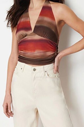 Moda Boyundan Bağlamalı Örme Slim Soyut Desen Casual Günlük Regular Kolsuz Bluz