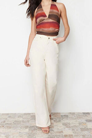 Moda Boyundan Bağlamalı Örme Slim Soyut Desen Casual Günlük Regular Kolsuz Bluz