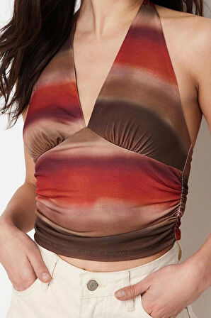 Moda Boyundan Bağlamalı Örme Slim Soyut Desen Casual Günlük Regular Kolsuz Bluz