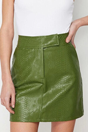 Moda Shift Düz Desen Şık Gece Mini Boy Premium Yüksek Kalite A-Line Suni Deri Mini Dokuma Etek