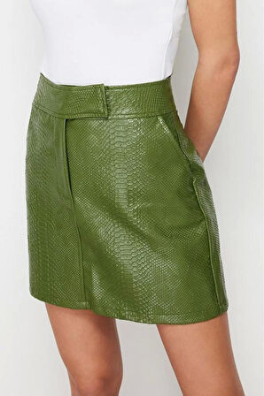 Moda Shift Düz Desen Şık Gece Mini Boy Premium Yüksek Kalite A-Line Suni Deri Mini Dokuma Etek