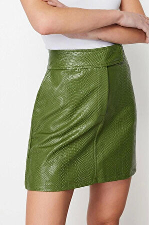 Moda Shift Düz Desen Şık Gece Mini Boy Premium Yüksek Kalite A-Line Suni Deri Mini Dokuma Etek