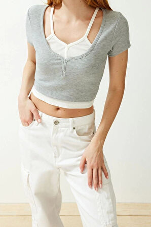 Moda Kalp Yaka Örme Slim Düz Desen Casual Günlük Crop Kısa Kol Bluz