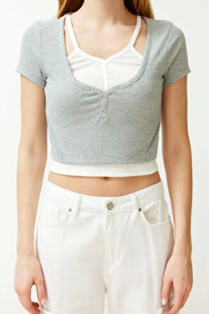 Moda Kalp Yaka Örme Slim Düz Desen Casual Günlük Crop Kısa Kol Bluz