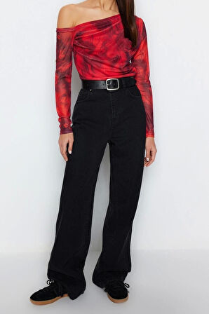 Moda Asimetrik Yaka Örme Slim Çiçekli Desen Casual Günlük Regular Uzun Kol Bluz