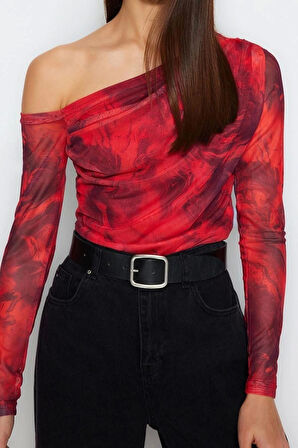 Moda Asimetrik Yaka Örme Slim Çiçekli Desen Casual Günlük Regular Uzun Kol Bluz