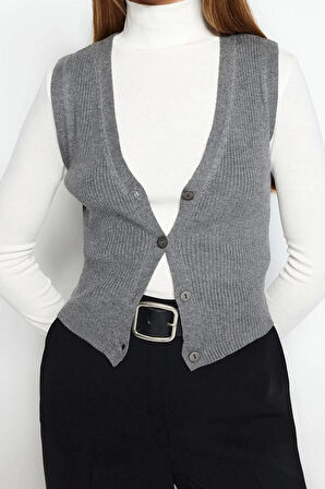 Kadın Modern Tarz Rahat Uzun V Yaka Düz Kol Regular Triko Yelek