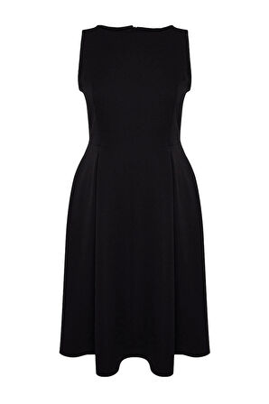 Moda Rahat Gündüz Gece Krep Dokuma Bisiklet Yaka Askılı Kol A-Line Midi Boy Büyük Beden Elbise