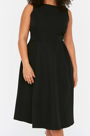 Moda Rahat Gündüz Gece Krep Dokuma Bisiklet Yaka Askılı Kol A-Line Midi Boy Büyük Beden Elbise