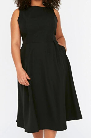 Moda Rahat Gündüz Gece Krep Dokuma Bisiklet Yaka Askılı Kol A-Line Midi Boy Büyük Beden Elbise