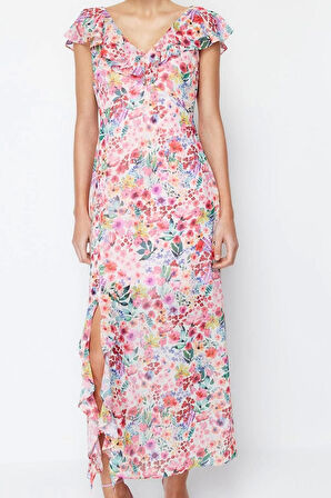 Moda Stil Regular V Yaka Maxi Boy Çiçekli Fırfırlı Şifon Astarlı Dokuma Elbise