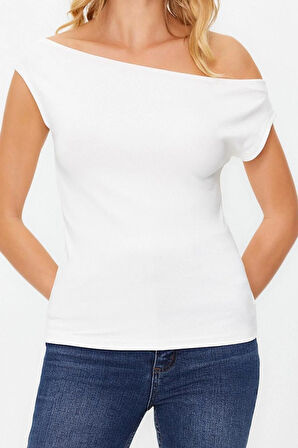 Moda Kayık Yaka Örme Slim Geometrik Desen Casual Günlük Regular Kısa Kol Bluz