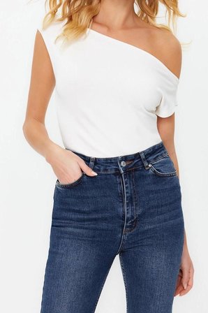 Moda Kayık Yaka Örme Slim Geometrik Desen Casual Günlük Regular Kısa Kol Bluz
