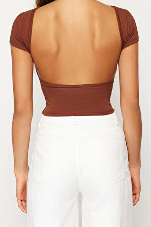 Moda Bisiklet Yaka Örme Slim Düz Desen Casual Günlük Crop Kısa Kol Bluz