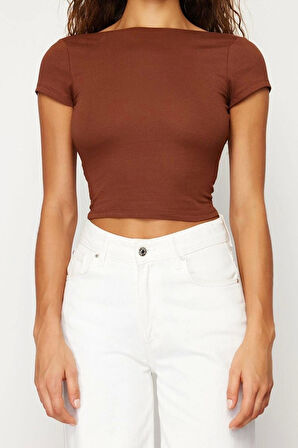 Moda Bisiklet Yaka Örme Slim Düz Desen Casual Günlük Crop Kısa Kol Bluz