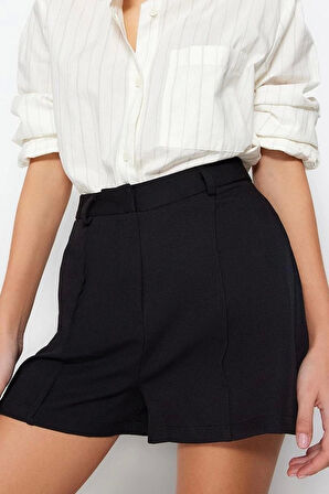 Moda Dokuma Normal Bel Geniş Paça Gündelik Siyah Gold Aksesuar Detaylı Yüksek Bel Dokuma Şort
