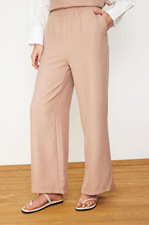 Tarz Kadın Modern Normal Bel Geniş Paça Keten Görünümlü Yandan Bağlamalı Dokuma Alt Üst Takım