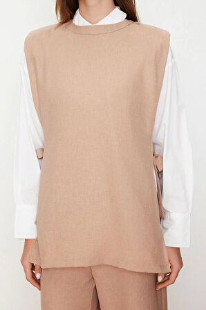 Tarz Kadın Modern Normal Bel Geniş Paça Keten Görünümlü Yandan Bağlamalı Dokuma Alt Üst Takım