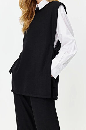 Tarz Kadın Modern Normal Bel Geniş Paça Keten Görünümlü Yandan Bağlamalı Dokuma Alt Üst Takım