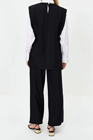 Tarz Kadın Modern Normal Bel Geniş Paça Keten Görünümlü Yandan Bağlamalı Dokuma Alt Üst Takım