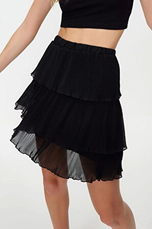Moda Regular Düz Desen Günlük Mini Boy Piliseli Eteği Fırfırlı Şifon Mini Dokuma Etek