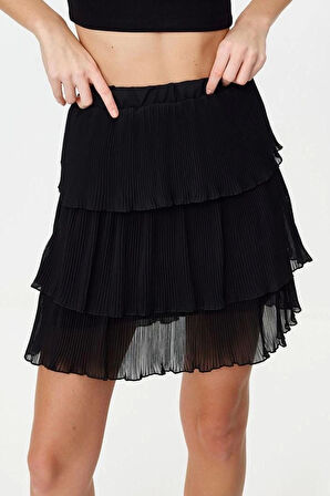 Moda Regular Düz Desen Günlük Mini Boy Piliseli Eteği Fırfırlı Şifon Mini Dokuma Etek