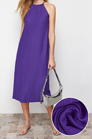 Moda Stil Relaxed Halter Yaka Midi Boy Shift Düz Sıfır Kol Piliseli Örme Elbise