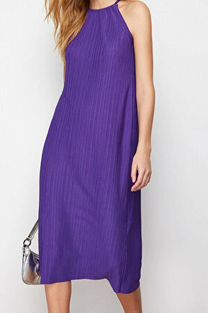 Moda Stil Relaxed Halter Yaka Midi Boy Shift Düz Sıfır Kol Piliseli Örme Elbise