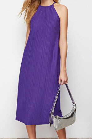 Moda Stil Relaxed Halter Yaka Midi Boy Shift Düz Sıfır Kol Piliseli Örme Elbise