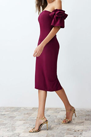 Moda Fit Mezuniyet Balo Finike Dokuma Kalp Yaka Kısa Kol Bodycone Midi Boy Elbise