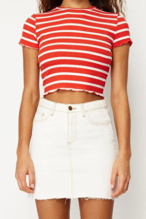 Moda Bisiklet Yaka Örme Slim Çizgili Desen Casual Günlük Crop Kısa Kol Bluz