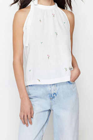 Moda Boyundan Bağlamalı Dokuma Regular Çiçekli Desen Casual Günlük Regular Kolsuz Bluz