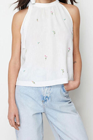 Moda Boyundan Bağlamalı Dokuma Regular Çiçekli Desen Casual Günlük Regular Kolsuz Bluz