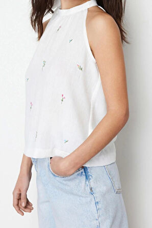 Moda Boyundan Bağlamalı Dokuma Regular Çiçekli Desen Casual Günlük Regular Kolsuz Bluz