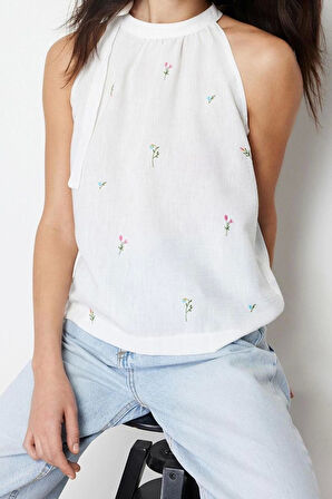 Moda Boyundan Bağlamalı Dokuma Regular Çiçekli Desen Casual Günlük Regular Kolsuz Bluz