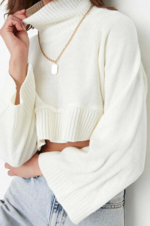 Kadın Modern Tarz Rahat Uzun Dik Yaka Düz Kol Crop Triko Kazak