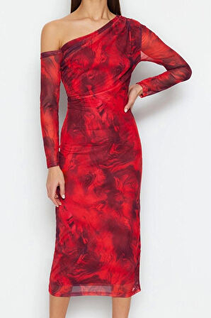 Moda Stil Slim Asimetrik Yaka Midi Boy Soyut Astarlı Örme Elbise