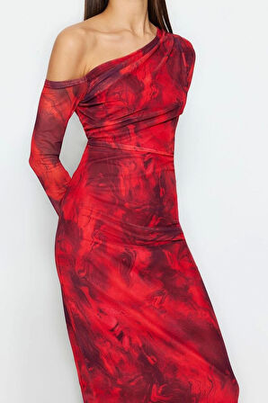 Moda Stil Slim Asimetrik Yaka Midi Boy Soyut Astarlı Örme Elbise