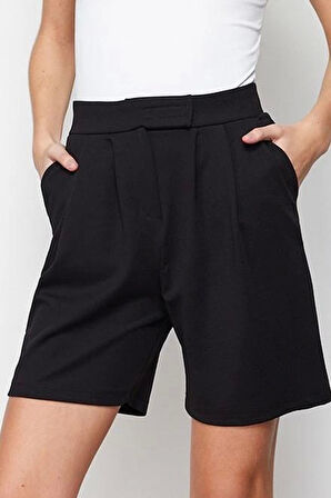 Moda Örme Yüksek Bel Geniş Paça Gündelik Gri Pileli Cırt Cırt Kapamalı Şort Bermuda