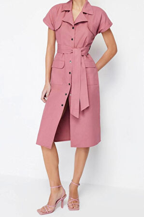 Moda Regular Casual Günlük Gabardin Dokuma Gömlek Yaka Kısa Kol Gömlek Elbise Midi Boy Elbise