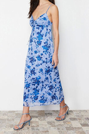 Moda Regular Casual Günlük Tül Örme Kalp Yaka Askılı Kol A-Line Maxi Boy Elbise