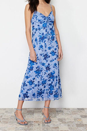 Moda Regular Casual Günlük Tül Örme Kalp Yaka Askılı Kol A-Line Maxi Boy Elbise