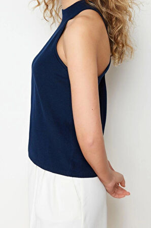 Moda Halter Yaka Triko Fit Düz Desen Casual Günlük Regular Kolsuz Bluz