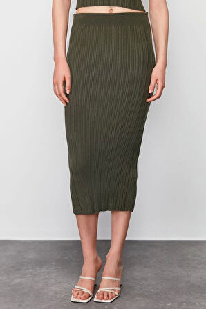 Moda Bodycon Düz Desen Günlük Midi Boy Triko Premium İplik Özel İplik Etek