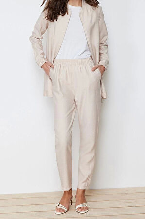 Moda Bisiklet Yaka Balon Kol Casual Günlük Keten Görünümlü Dokuma Pantolon Tunik Alt Üst Takım