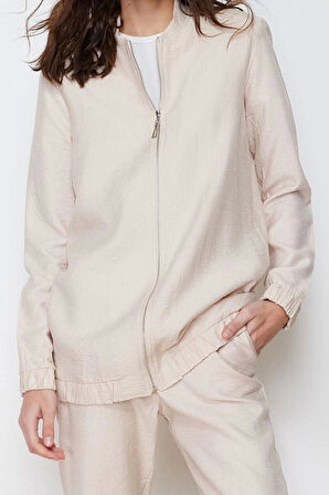Moda Bisiklet Yaka Balon Kol Casual Günlük Keten Görünümlü Dokuma Pantolon Tunik Alt Üst Takım